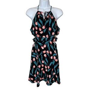 Flying Tomato Sleeveless Side And Back Cutout Halter Mini Dress Floral Print M